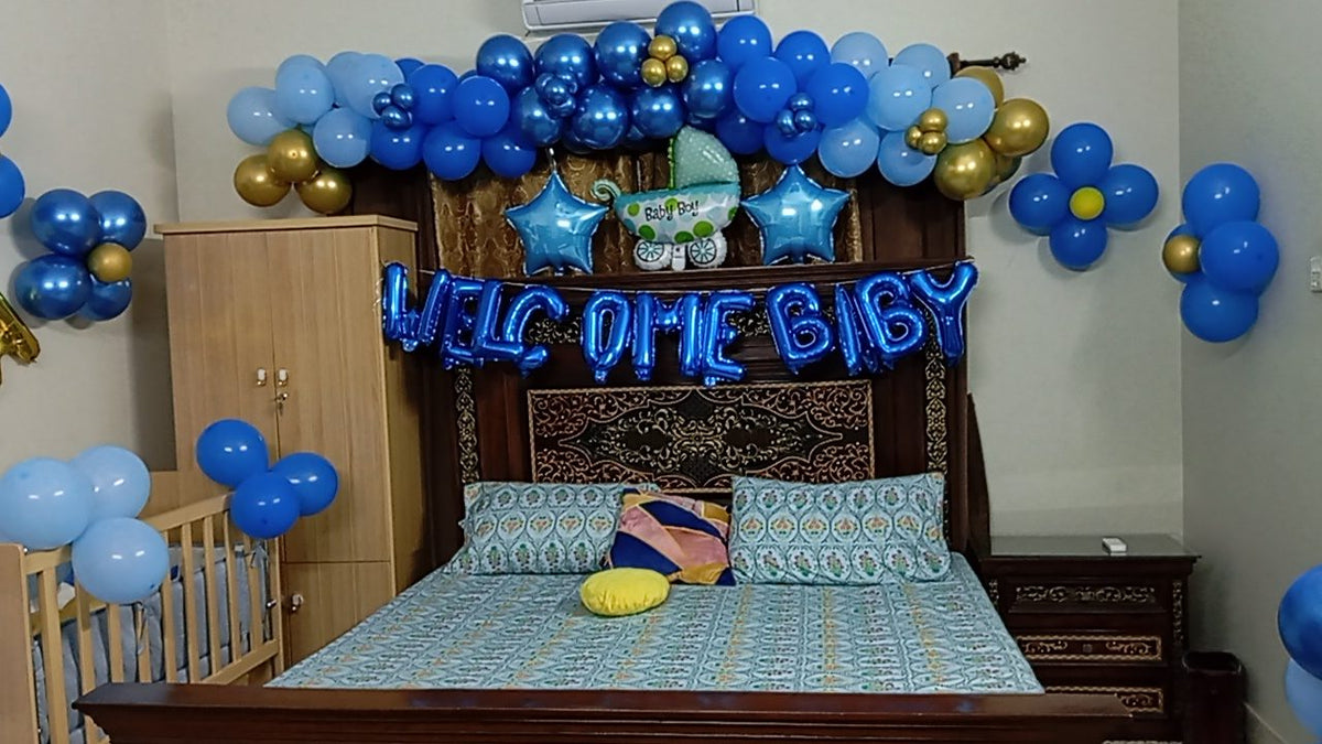 Welcome Baby Boy Decoration – Blue & Gold Balloon Garland, Cot & Lounge Decor