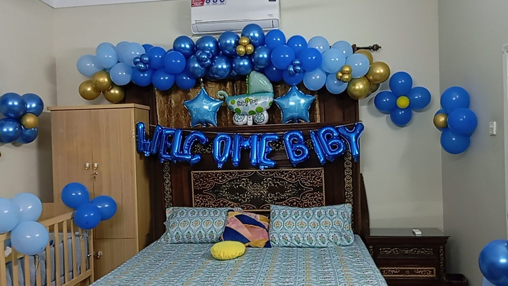 Welcome Baby Boy Decoration – Blue & Gold Balloon Garland, Cot & Lounge Decor