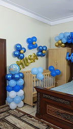 Welcome Baby Boy Decoration – Blue & Gold Balloon Garland, Cot & Lounge Decor