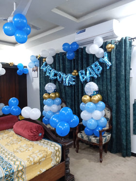 Welcome Baby Boy Room Decor – Blue Balloon Arch, Pillars & Baby Feet Door Decor