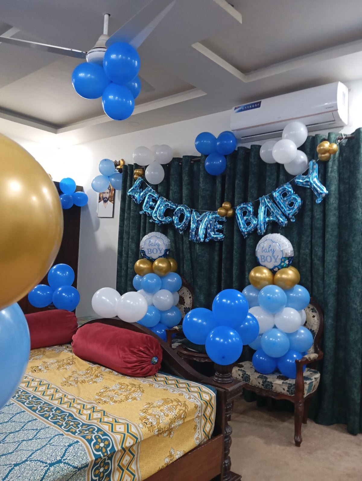 Welcome Baby Boy Room Decor – Blue Balloon Arch, Pillars & Baby Feet Door Decor