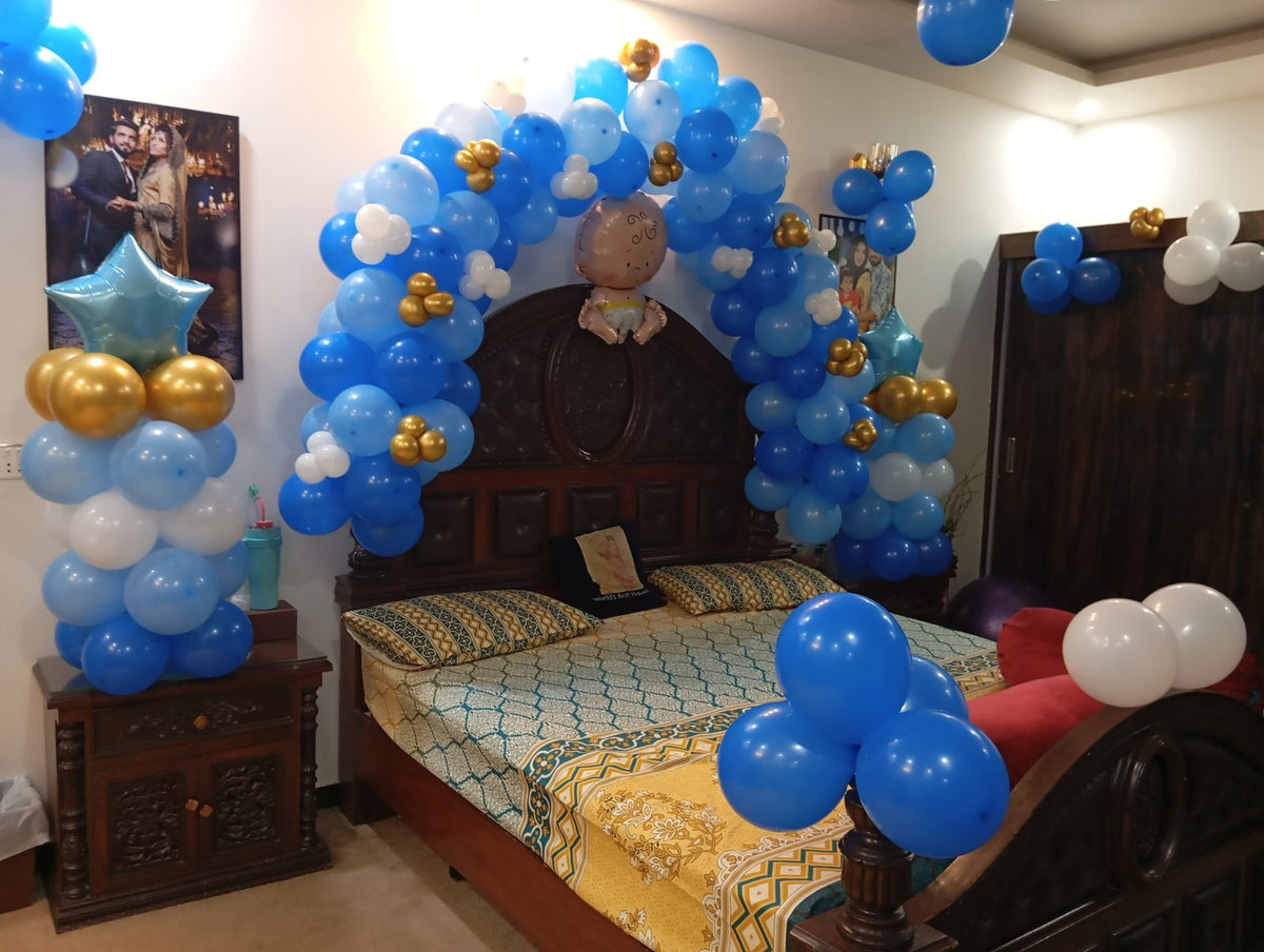 Welcome Baby Boy Room Decor – Blue Balloon Arch, Pillars & Baby Feet Door Decor