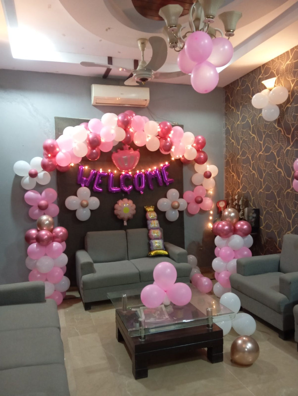Welcome Baby Girl Decor – Pink Balloon Arch, Flower Balloons & Fairy Lights