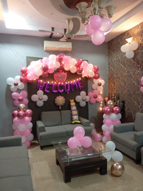 Welcome Baby Girl Decor – Pink Balloon Arch, Flower Balloons & Fairy Lights