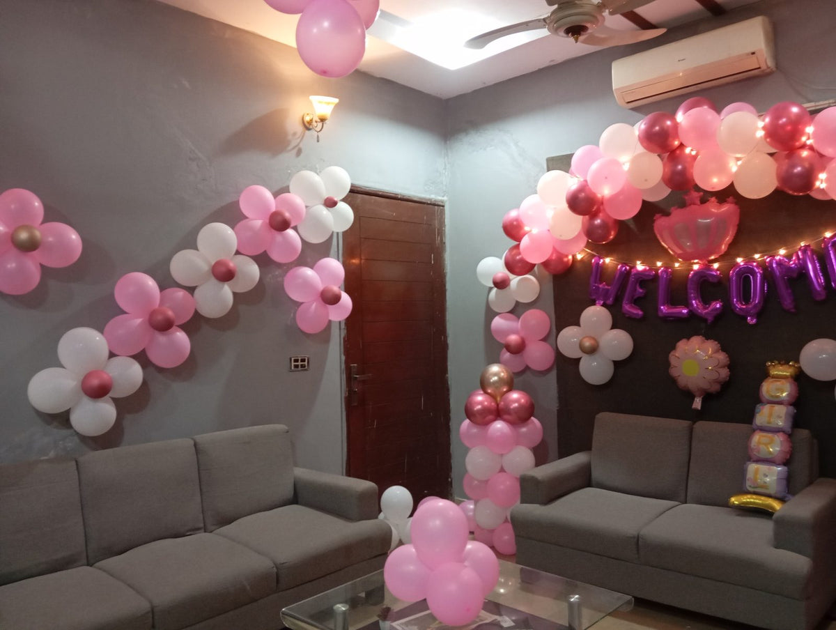 Welcome Baby Girl Decor – Pink Balloon Arch, Flower Balloons & Fairy Lights