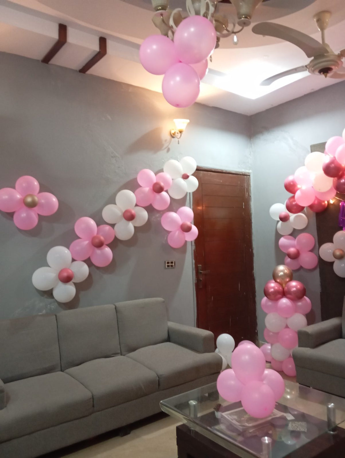 Welcome Baby Girl Decor – Pink Balloon Arch, Flower Balloons & Fairy Lights