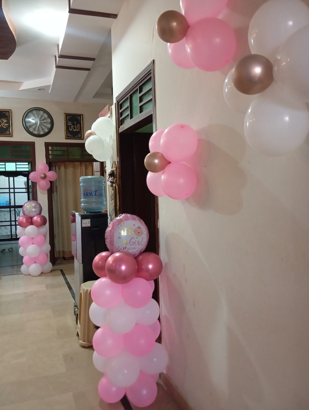 Welcome Baby Girl Decor – Pink Balloon Arch, Flower Balloons & Fairy Lights