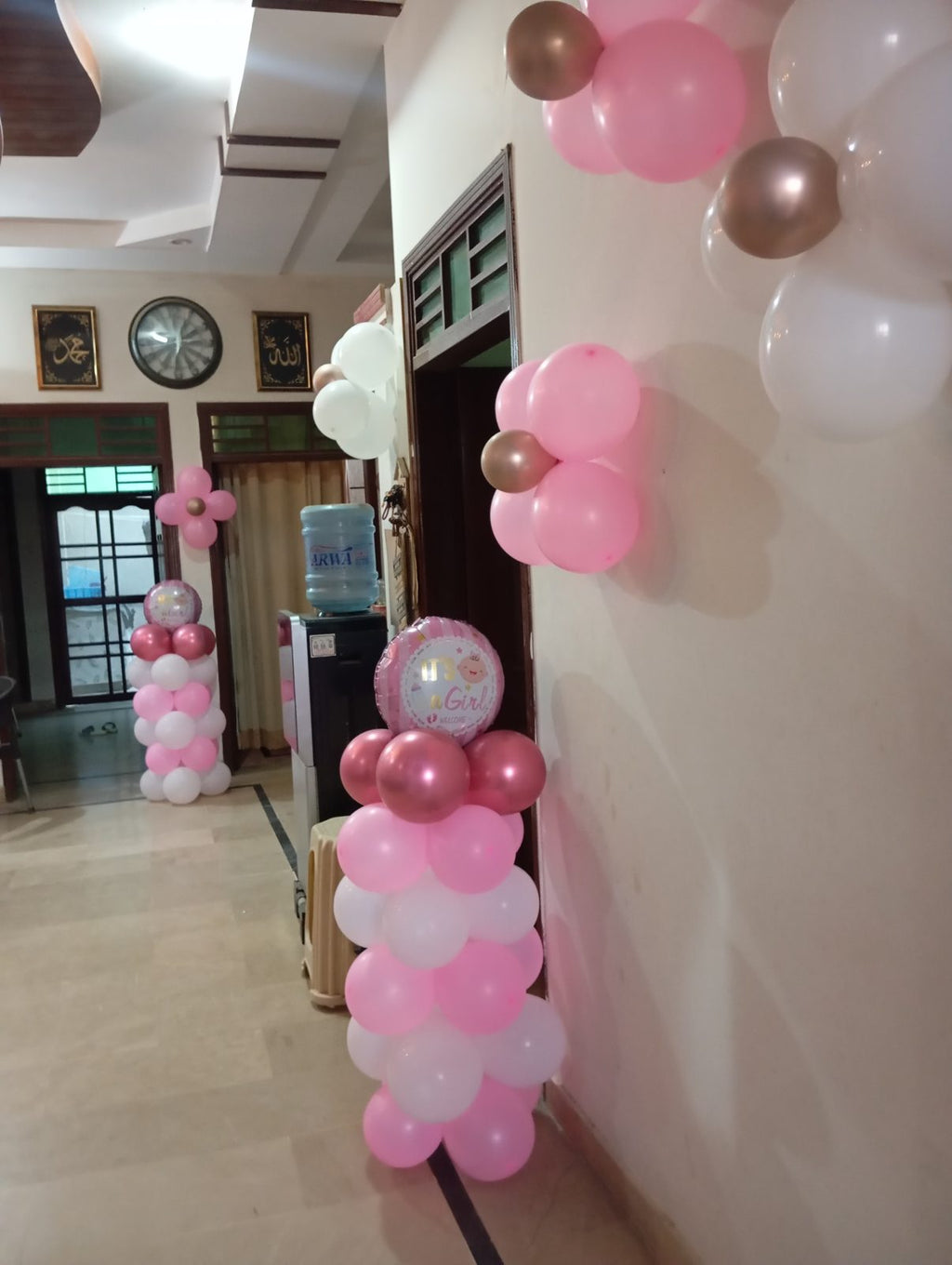 Welcome Baby Girl Decor – Pink Balloon Arch, Flower Balloons & Fairy Lights