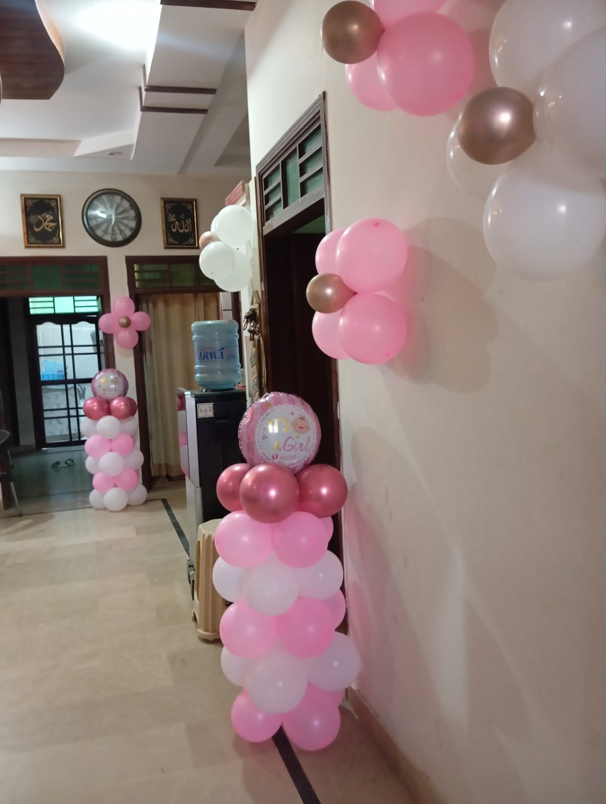 Welcome Baby Girl Decor – Pink Balloon Arch, Flower Balloons & Fairy Lights