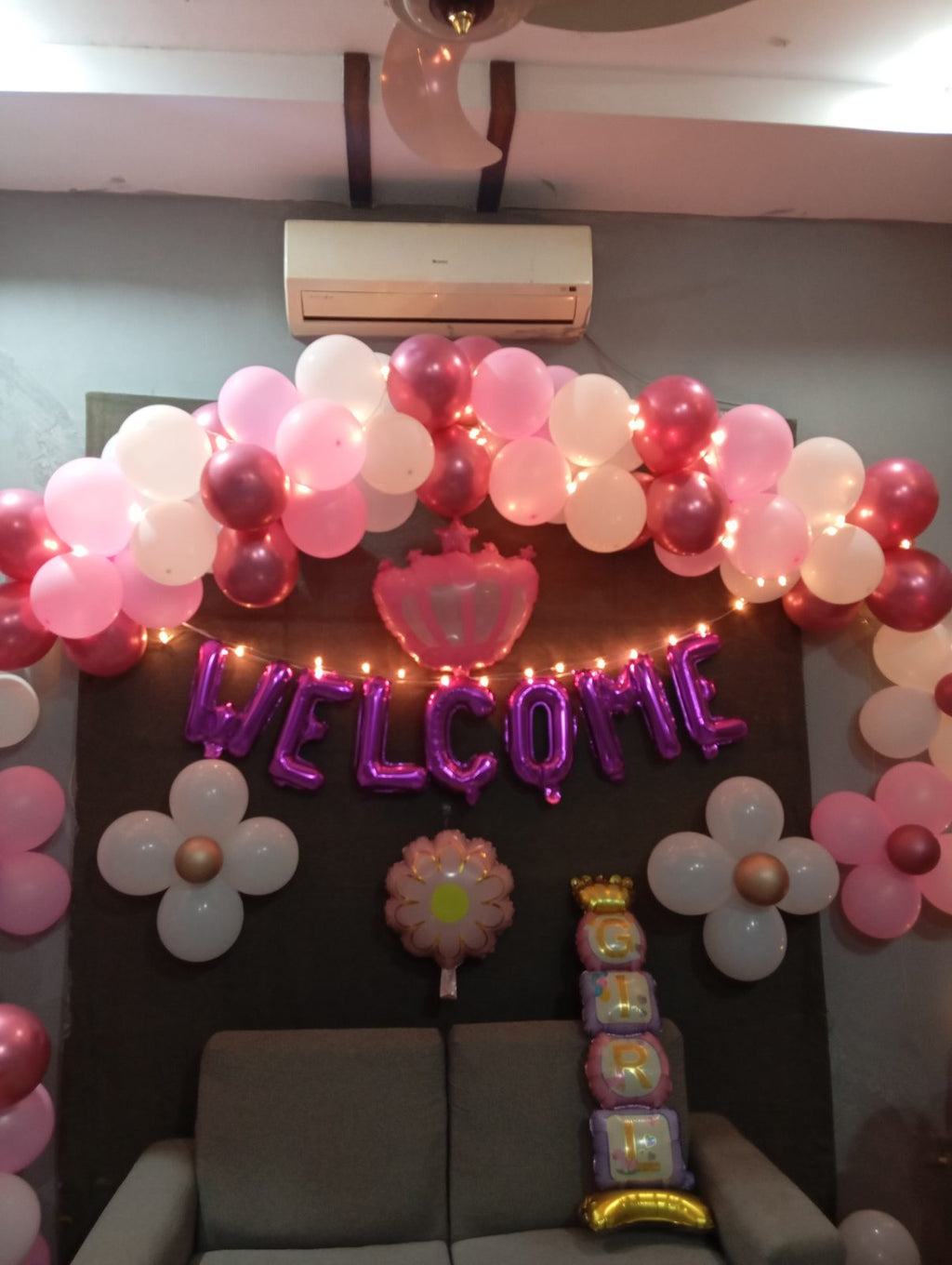 Welcome Baby Girl Decor – Pink Balloon Arch, Flower Balloons & Fairy Lights