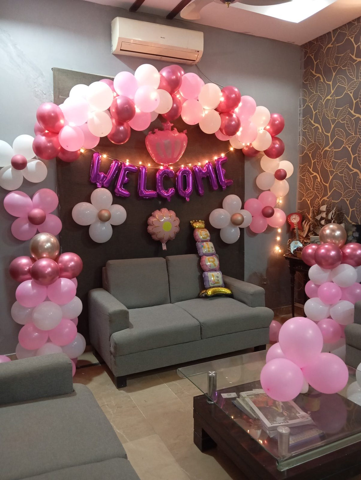 Welcome Baby Girl Decor – Pink Balloon Arch, Flower Balloons & Fairy Lights