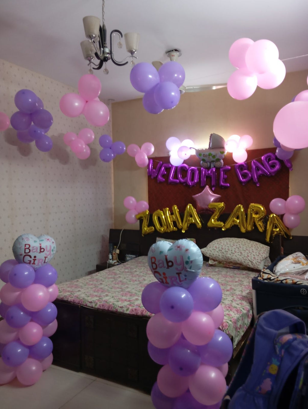 Welcome Baby Girl Room Decor – Pink & Lilac Balloon Pillars with Custom Name Letters