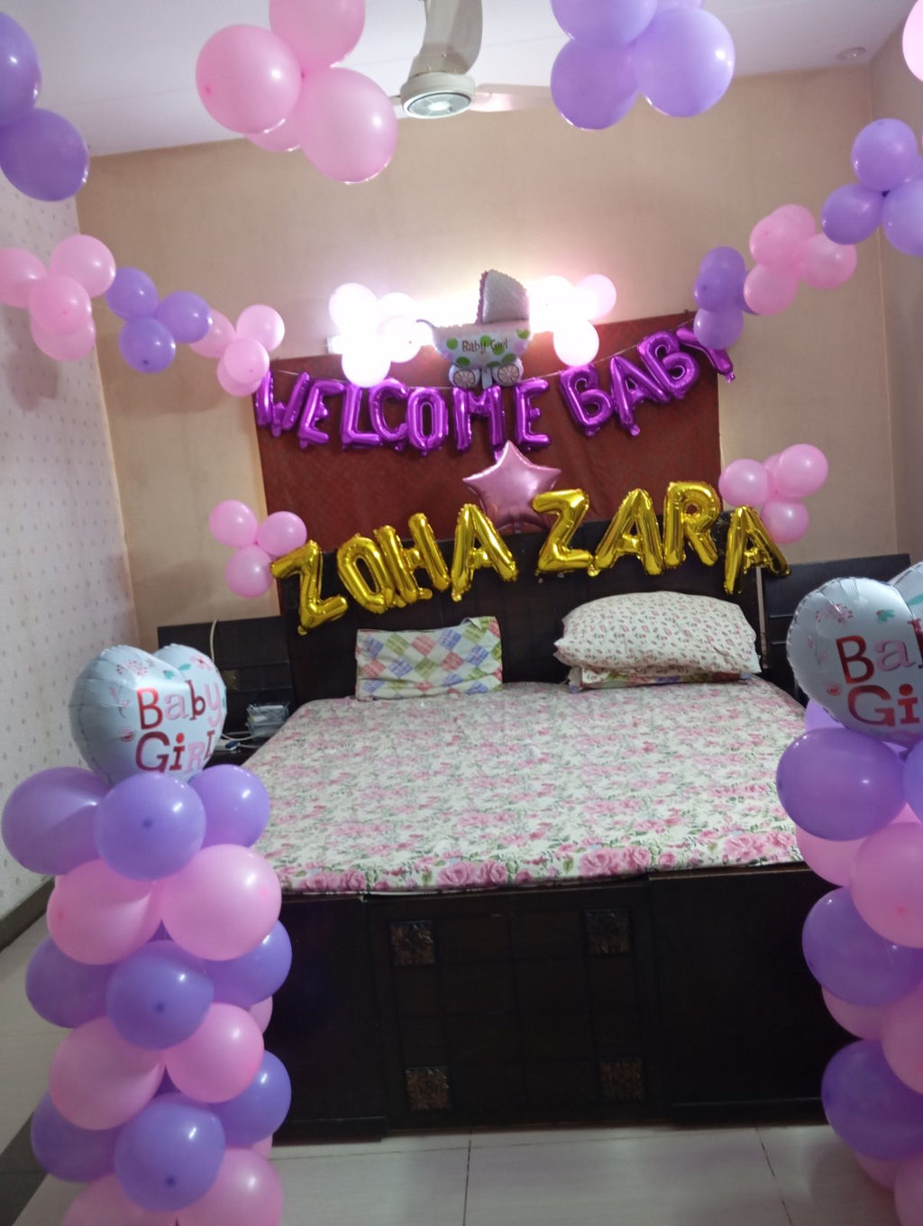 Welcome Baby Girl Room Decor – Pink & Lilac Balloon Pillars with Custom Name Letters