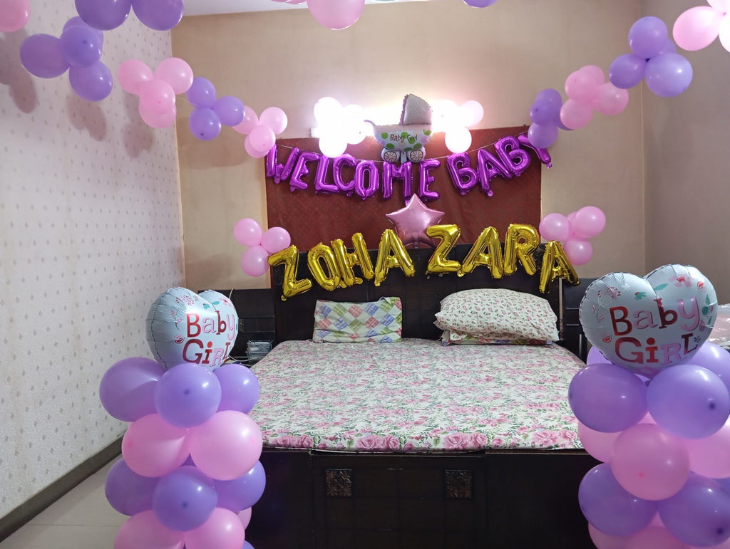 Welcome Baby Girl Room Decor – Pink & Lilac Balloon Pillars with Custom Name Letters