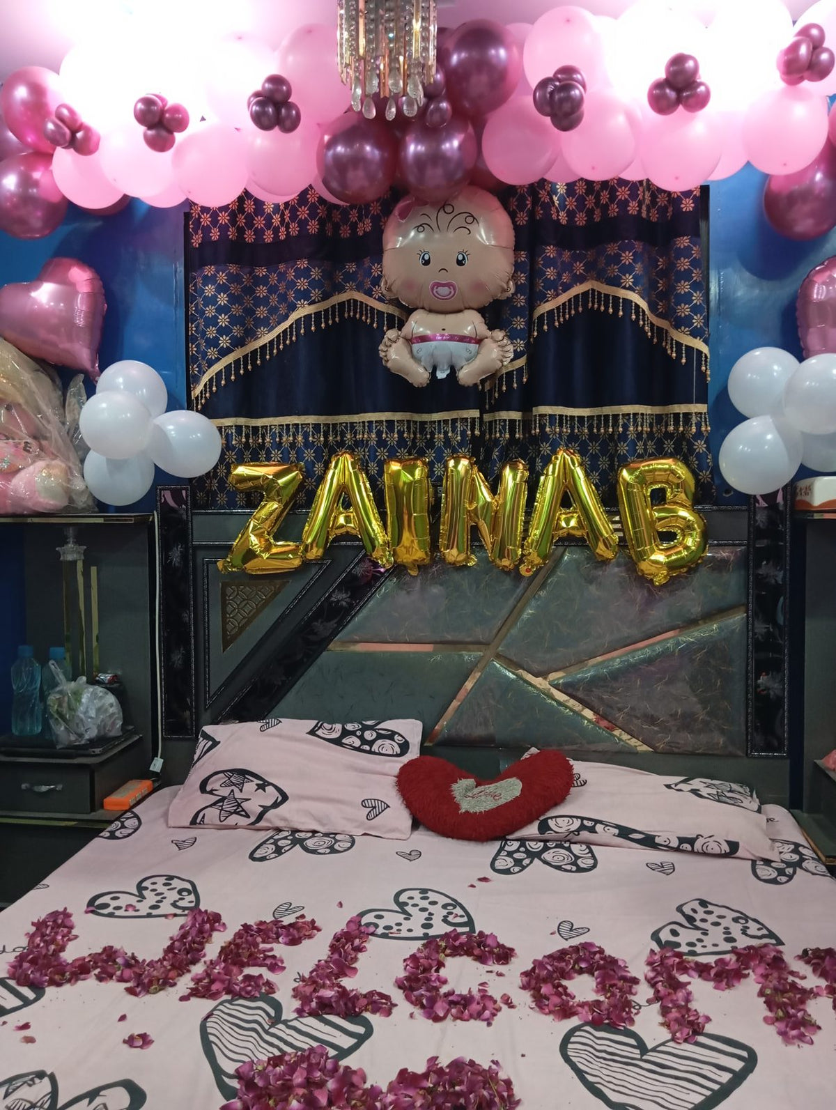 Welcome Baby Girl Room Decoration – Pink Balloon Garland, Baby Foil & Custom Name