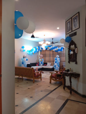 Welcome Home Baby Boy Decor – Blue & White Balloon Garland Lounge & Bedroom Setup
