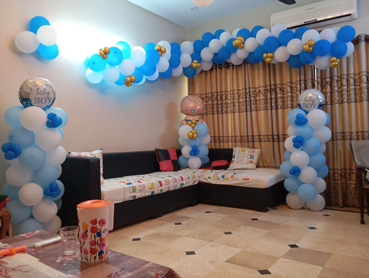 Welcome Home Baby Boy Decor – Blue & White Balloon Garland Lounge & Bedroom Setup