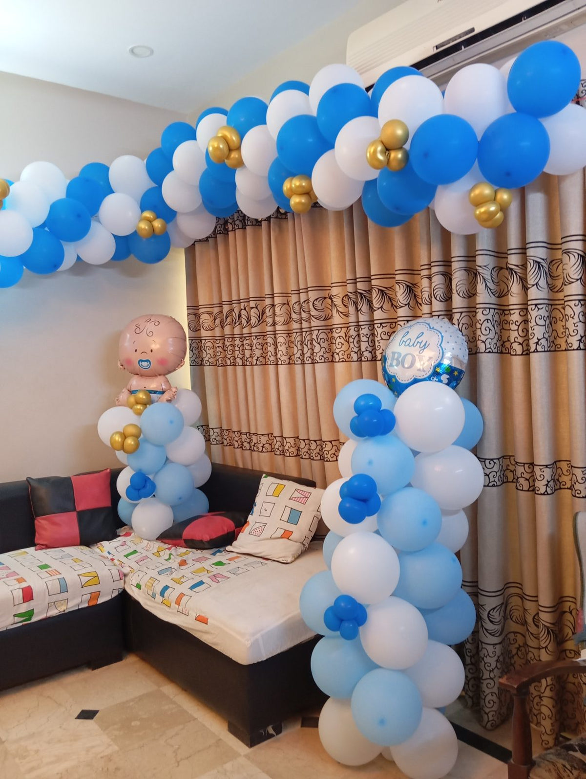Welcome Home Baby Boy Decor – Blue & White Balloon Garland Lounge & Bedroom Setup