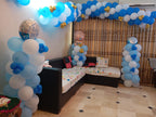 Welcome Home Baby Boy Decor – Blue & White Balloon Garland Lounge & Bedroom Setup
