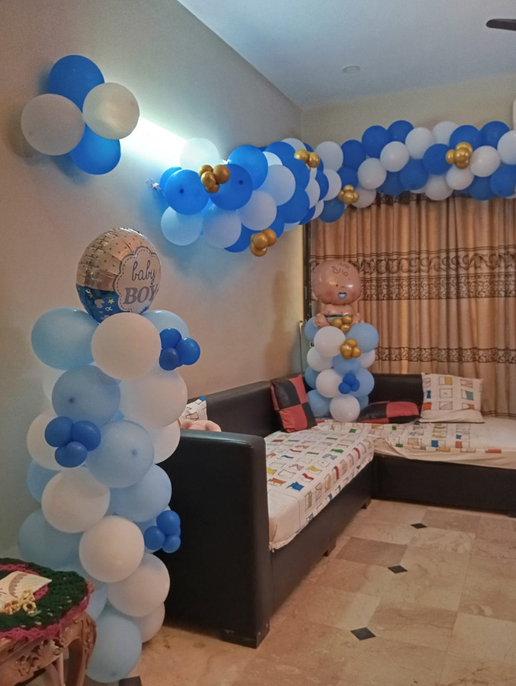 Welcome Home Baby Boy Decor – Blue & White Balloon Garland Lounge & Bedroom Setup
