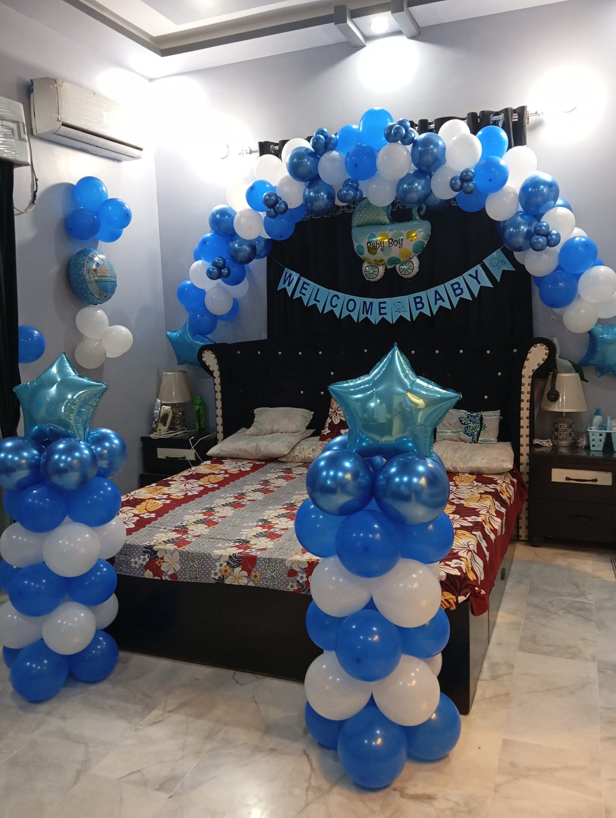 Welcome Home Baby Boy Decor – Blue & White Balloon Garland Lounge & Bedroom Setup