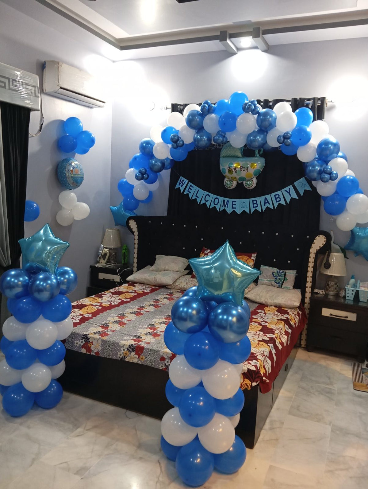 Welcome Home Baby Boy Decor – Blue & White Balloon Garland Lounge & Bedroom Setup