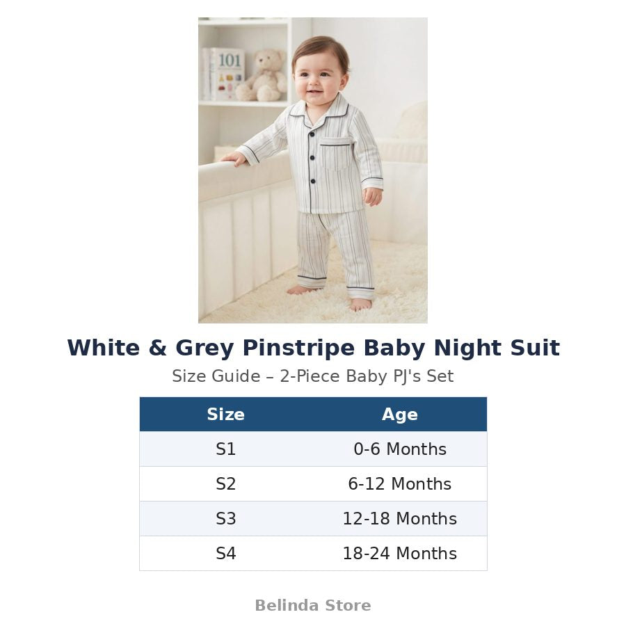 White & Grey Pinstripe Baby Night Suit size guide 0-24 months – Belinda Store