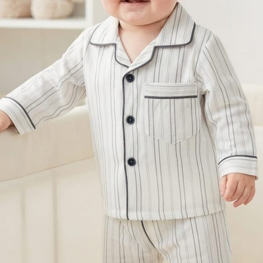 White & Grey Pinstripe Baby Night Suit fabric and print close-up – Belinda Store