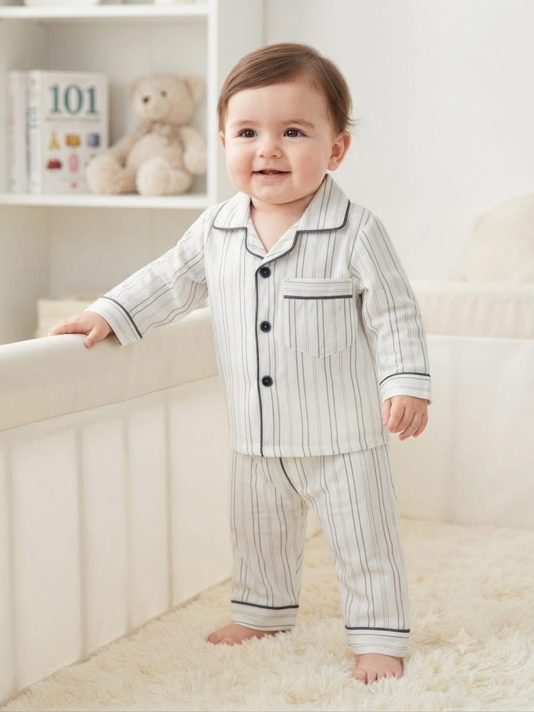 White & Grey Pinstripe Baby Night Suit – 2-piece baby PJ's set 0-24 months – Belinda Store