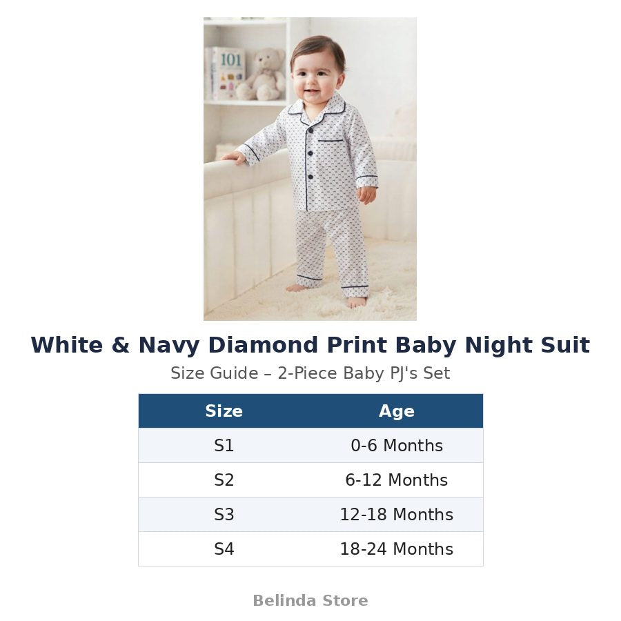 White & Navy Diamond Print Baby Night Suit size guide 0-24 months – Belinda Store