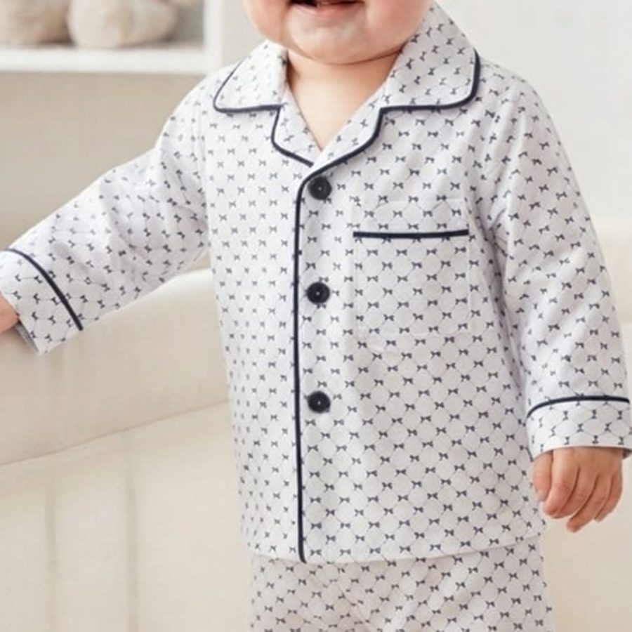 White & Navy Diamond Print Baby Night Suit fabric and print close-up – Belinda Store