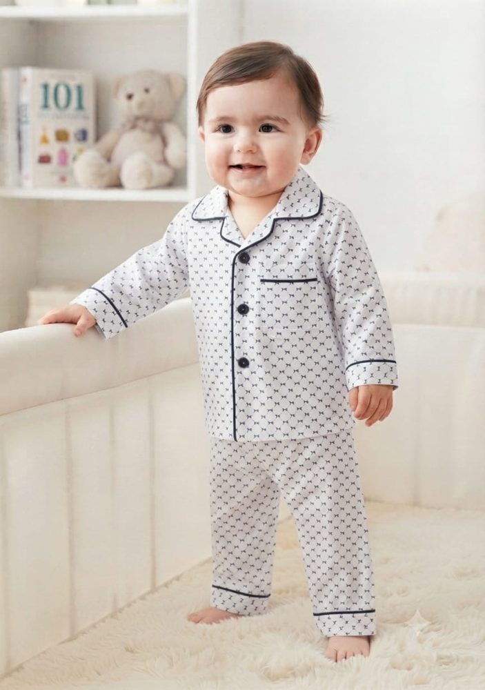 White & Navy Diamond Print Baby Night Suit – 2-piece baby PJ's set 0-24 months – Belinda Store