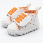 White & Orange Dot Velcro Baby Shoes close-up view – soft sole baby shoes – Belinda Store