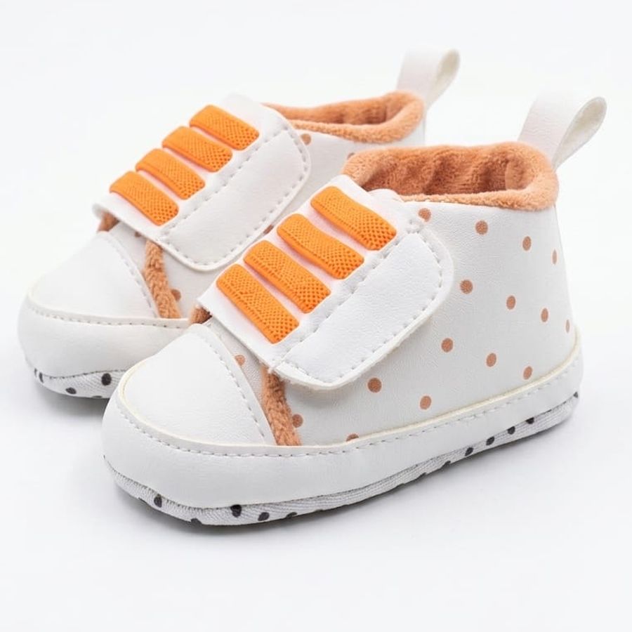 White & Orange Dot Velcro Baby Shoes close-up view – soft sole baby shoes – Belinda Store