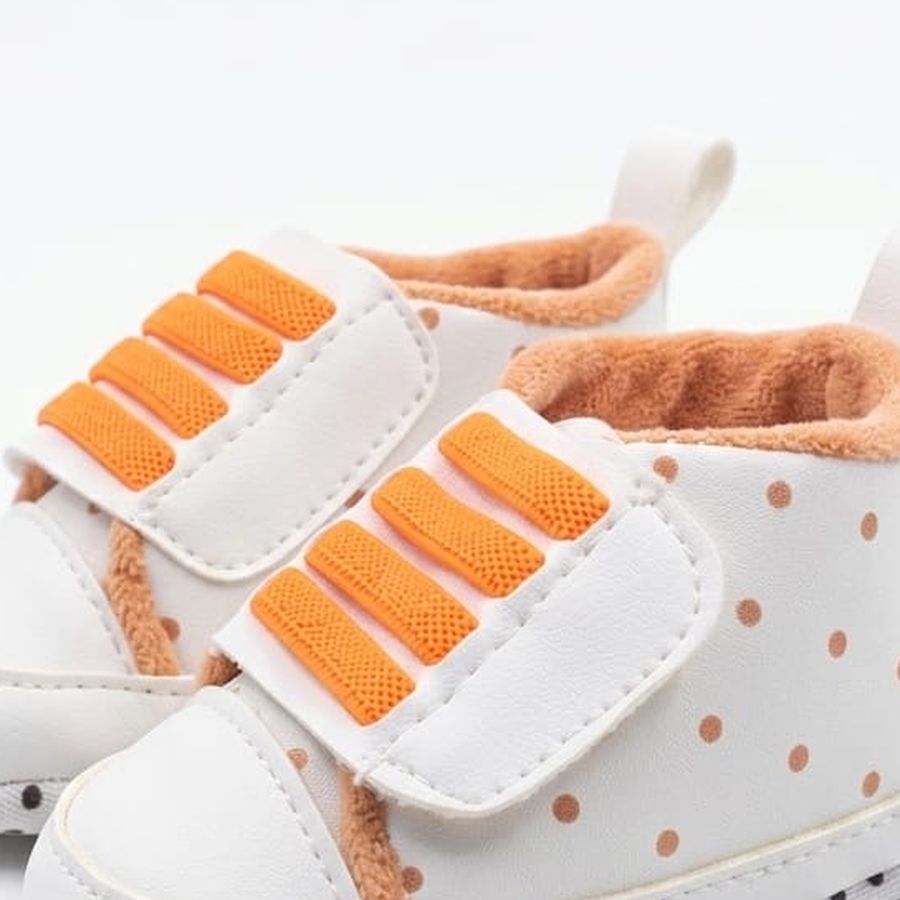 White & Orange Dot Velcro Baby Shoes design detail – soft sole baby shoes – Belinda Store