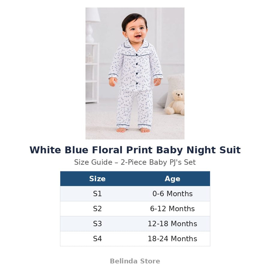 White Blue Floral Print Baby Night Suit size guide 0-24 months – Belinda Store