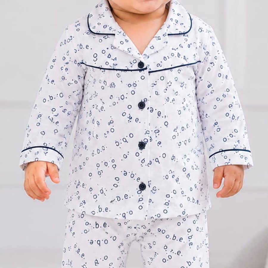 White Blue Floral Print Baby Night Suit fabric and print close-up – Belinda Store