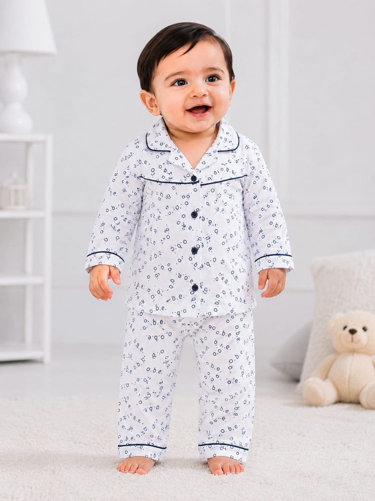 White Blue Floral Print Baby Night Suit – 2-piece baby PJ's set 0-24 months – Belinda Store
