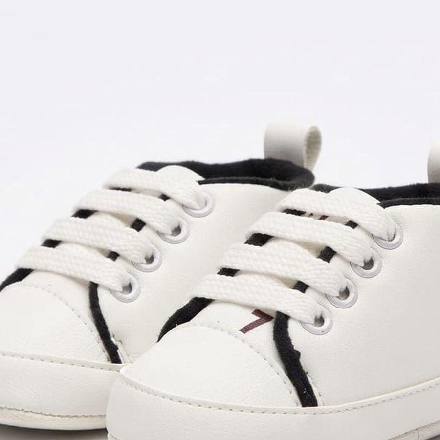 White Classic Lace-Up Baby Sneakers design detail – soft sole baby shoes – Belinda Store