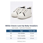 White Classic Lace-Up Baby Sneakers size guide – soft sole baby shoes – Belinda Store