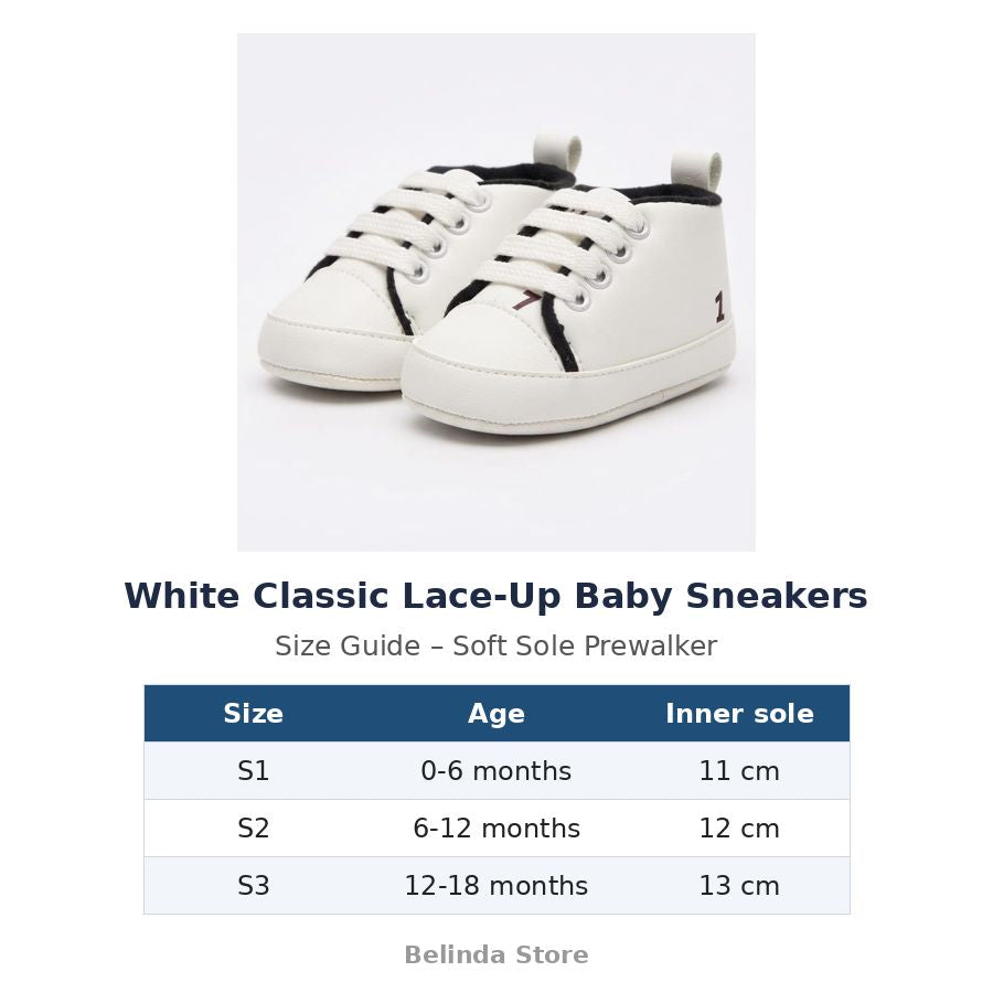 White Classic Lace-Up Baby Sneakers size guide – soft sole baby shoes – Belinda Store