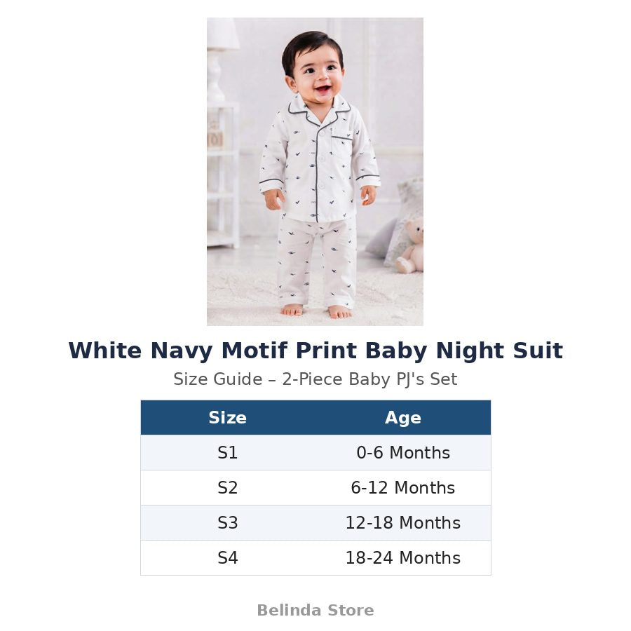 White Navy Motif Print Baby Night Suit size guide 0-24 months – Belinda Store