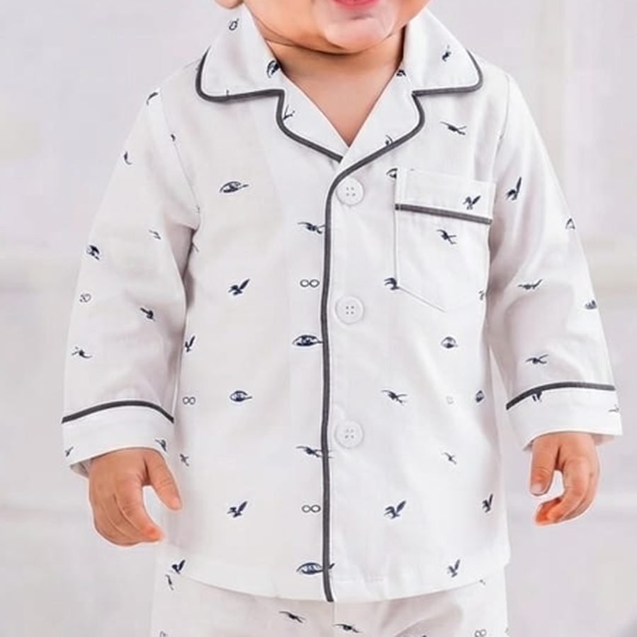 White Navy Motif Print Baby Night Suit fabric and print close-up – Belinda Store