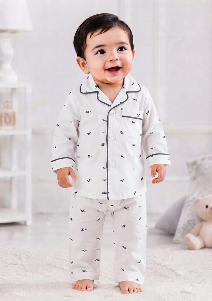 White Navy Motif Print Baby Night Suit – 2-piece baby PJ's set 0-24 months – Belinda Store