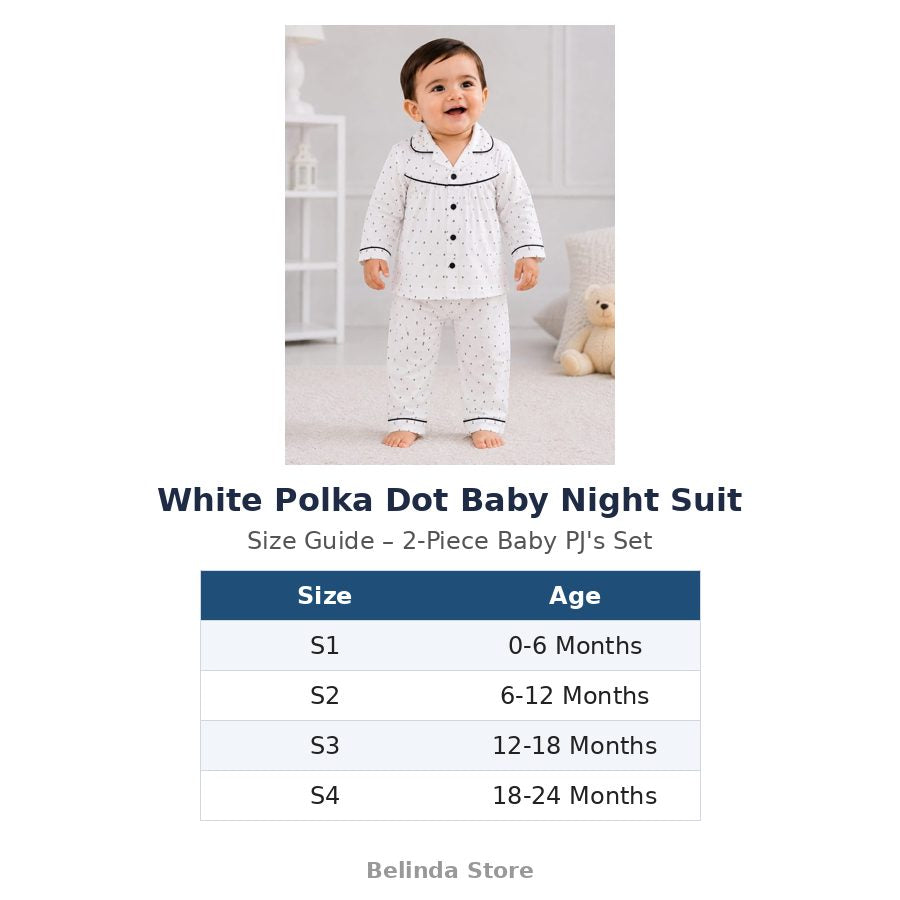 White Polka Dot Baby Night Suit size guide 0-24 months – Belinda Store