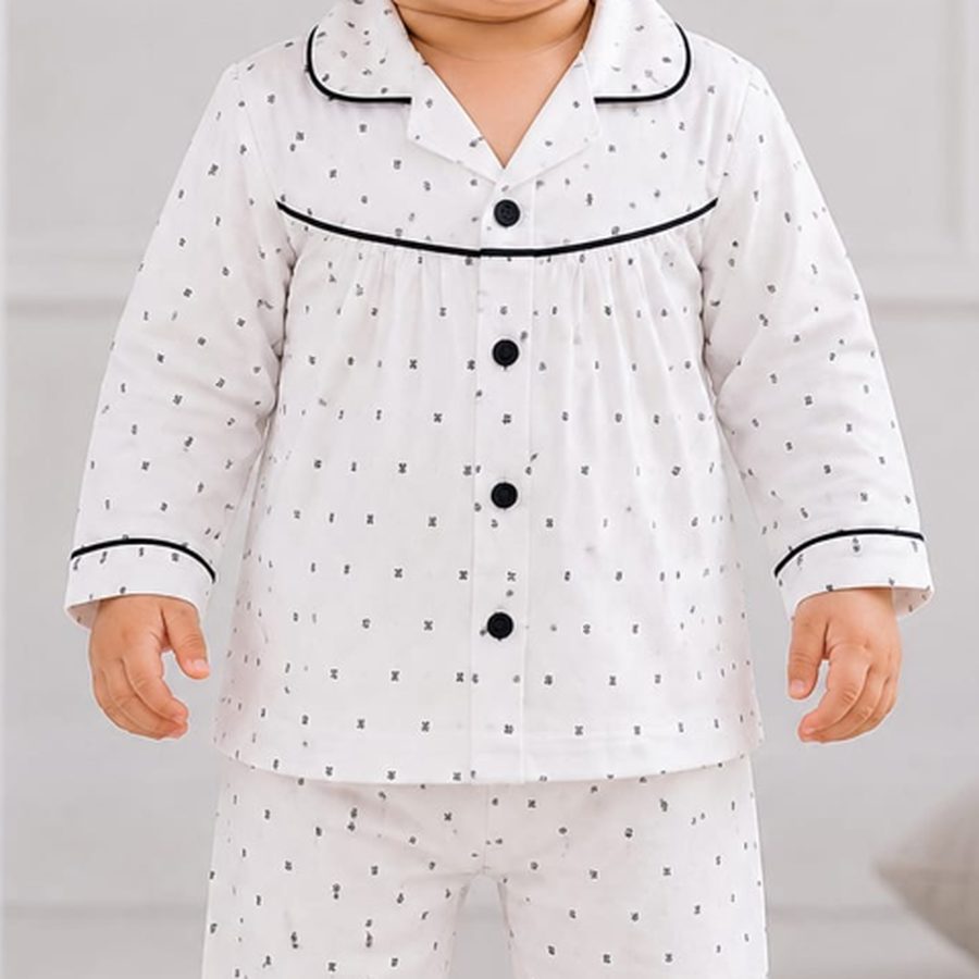White Polka Dot Baby Night Suit fabric and print close-up – Belinda Store