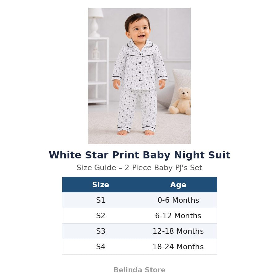 White Star Print Baby Night Suit size guide 0-24 months – Belinda Store