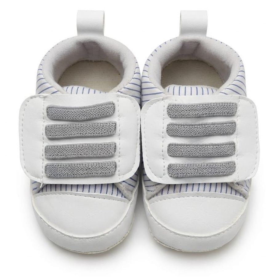 White Striped Velcro Baby Shoes close-up view – soft sole baby shoes – Belinda Store