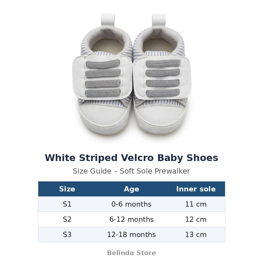White Striped Velcro Baby Shoes size guide – soft sole baby shoes – Belinda Store