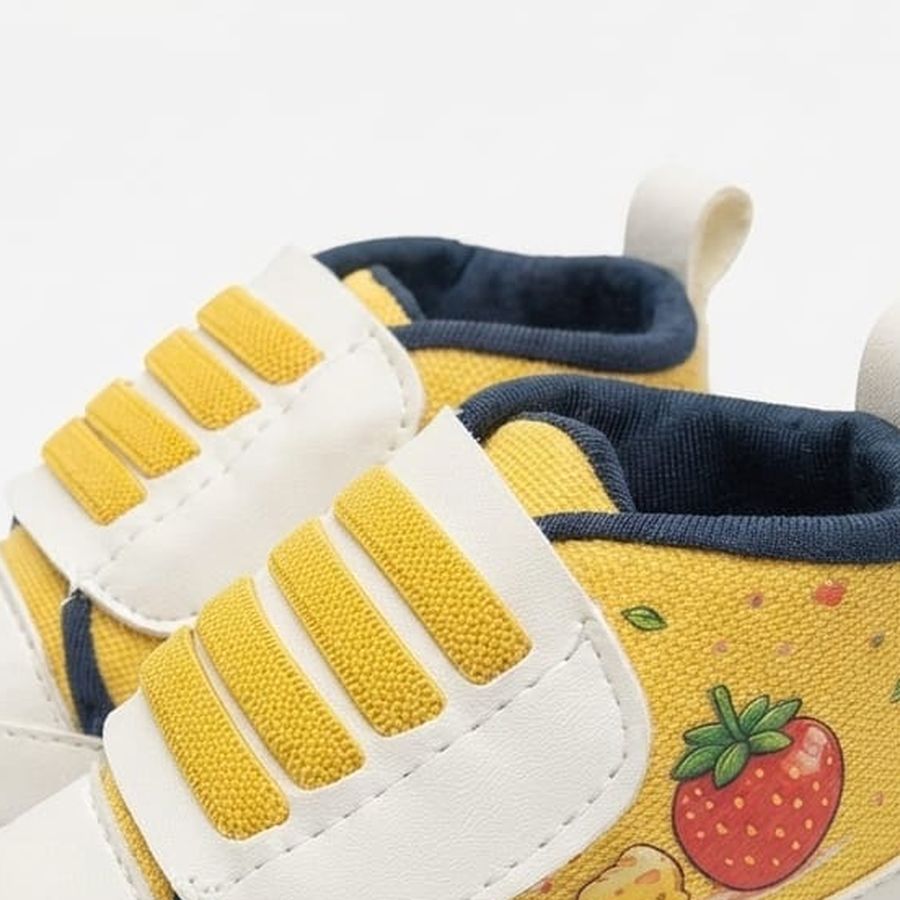 Yellow Strawberry Velcro Baby Shoes design detail – soft sole baby shoes – Belinda Store